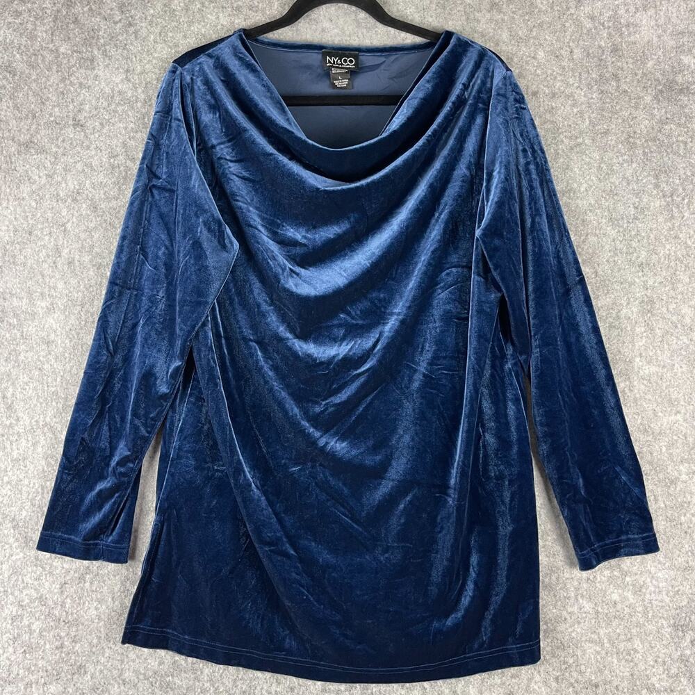 Vintage Y2K NY&Co Velvet Tunic Top Womens Large Blue Cowl Neck Stretchy Soft